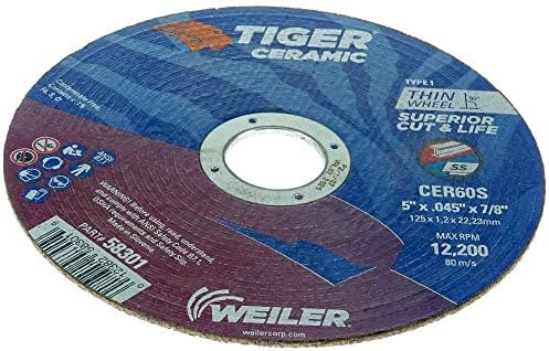 Weiler 58301 5 Inch Cutting Wheel, Tiger Ceramic Stainless Steel Superior Life & Cut Contaminant Free Max Performance Cutting, .045" CER60S Type 1 7/8" Arbor, Pack of 25