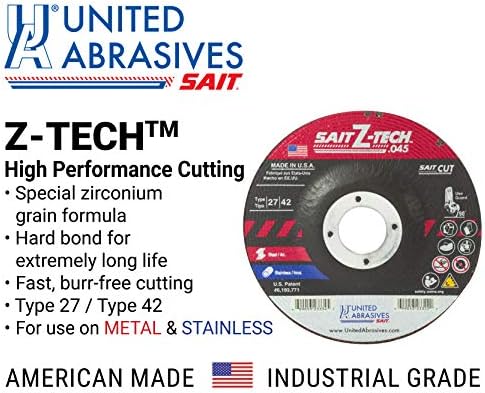 United Abrasives-SAIT 23334 Z-Tech™ High Performance Cut-Off Wheels (Type 27/Type 42 Depressed Center) 4-1/2" x .045" x 7/8", 50-Pack
