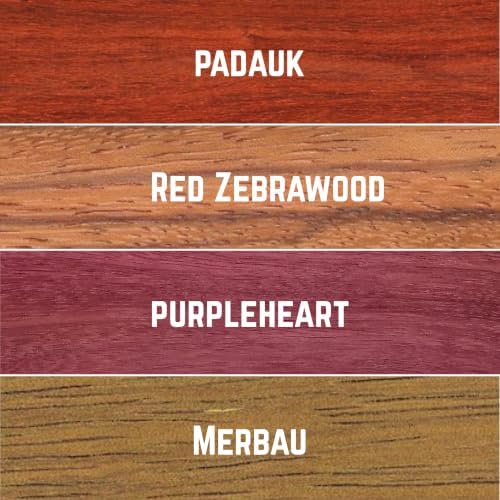 Imported Exotic Hardwood Variety Pack - Padauk, Red Zebrawood, Purpleheart, and Merbau (3/4" x 6" x 18" (4 Pcs))