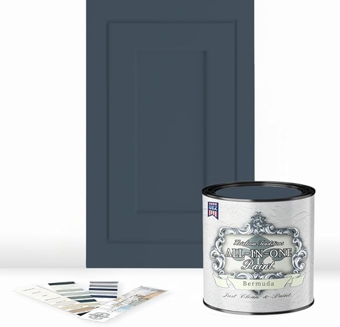 ALL-IN-ONE Paint by Heirloom Traditions, Bermuda (Blue Gray), Quart - Durable cabinet and furniture paint. Built in primer and top coat, no sanding needed. Includes our 30 featured color card.