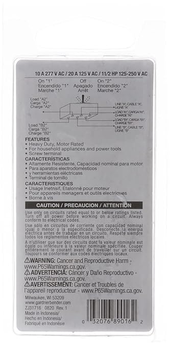 Gardner Bender GSW-16 Heavy-Duty Electrical Toggle Switch, DPDT, ON-(OFF)-ON, 20 A/125V AC, Screw Terminal