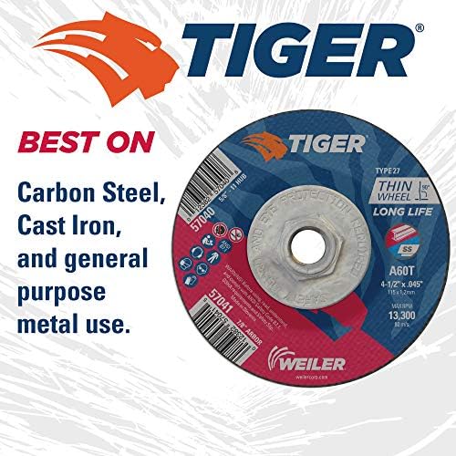 Weiler 57040 4-1/2 Inch Cutting Wheel, Tiger AO Steel/Metal Long Life Performance Cutting, .045" A60T Type 27 5/8"-11 Hub, Pack of 10
