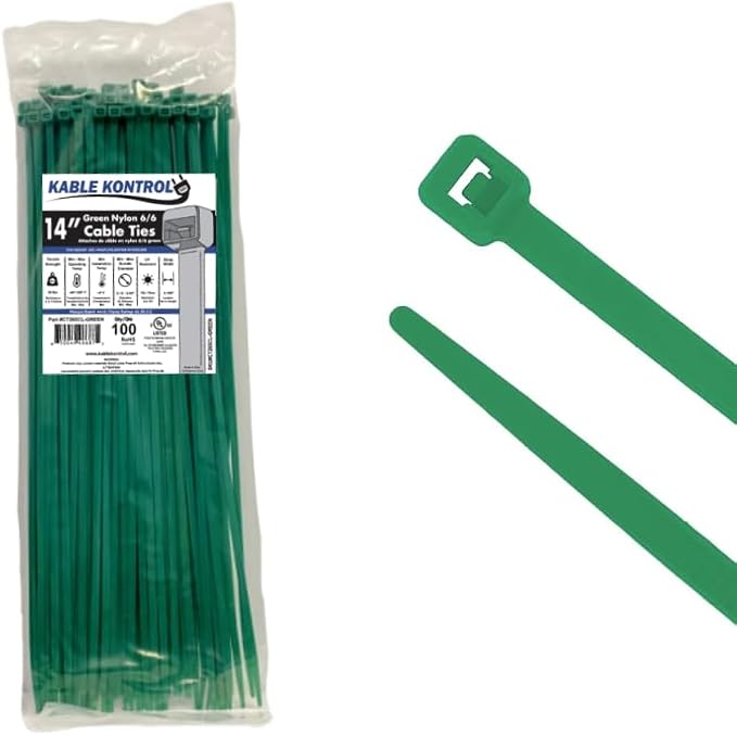 Kable Kontrol Cable Zip Ties, 14 Inch, 100 Pcs, 50lbs Test, Green | Nylon Plastic, Self Locking, UL Listed, Indoor Use