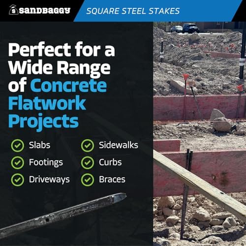 Sandbaggy 36" Square Steel Concrete Form Stakes with Nail Holes - 5/8" Wide - Rust Resistant Coating - Removable, Reusable - Construction Grade Stakes (10, 36 inch)