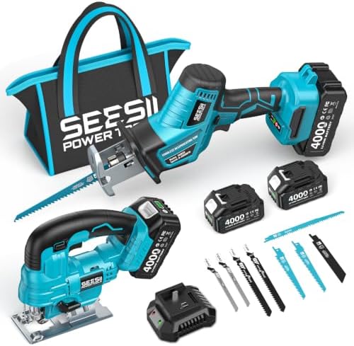 SEESII 2-Tool Cordless Combo Kit, Reciprocating Saw & Jig Saw with 2x4.0Ah Batteries, Brushless Motor, 0-45° Bevel Cut Jigsaw, Adjustable Speed, LED Light, Lightweight for Wood/Metal/PVC Cutting, DIY