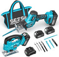 SEESII 2-Tool Cordless Combo Kit, Reciprocating Saw & Jig Saw with 2x4.0Ah Batteries, Brushless Motor, 0-45° Bevel Cut Jigsaw, Adjustable Speed, LED Light, Lightweight for Wood/Metal/PVC Cutting, DIY