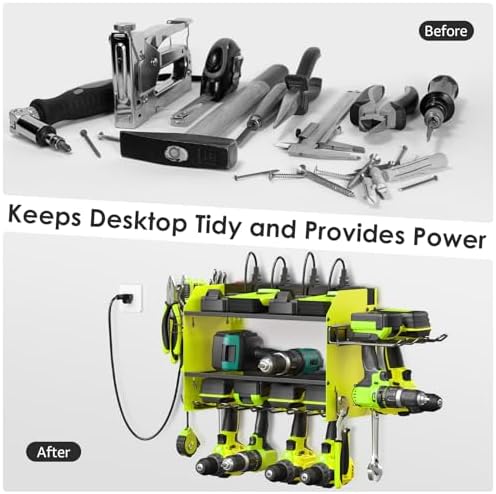 CCCEI Modular Power Tool Organizer Wall Mount Charging Station, Green 6 Drills Holder with 8 Plug Power Strip 10FT, Garage Drill Battery Heavy Duty Metal Shelf, Utility Rack with Hooks, Side Storage.