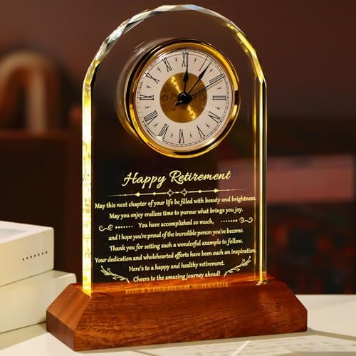 YWHL Retirement Clock Gifts for Women Men with Wooden Light Base, Happy Retirement Glass Plaque for Coworkers Boss, Going Away Retired Gifts for Friends, Farewell Goodbye Presents Ideas