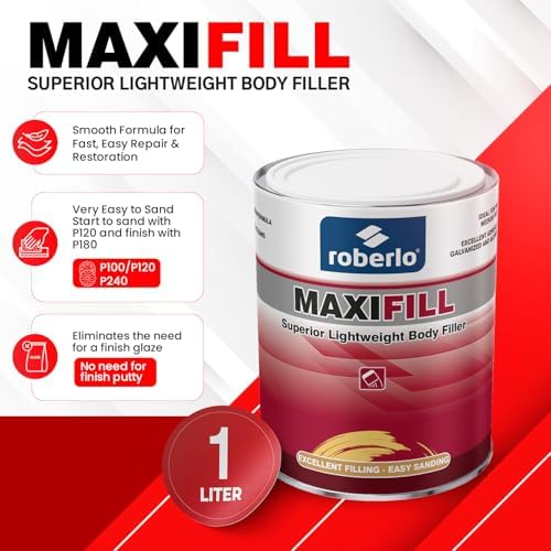 Roberlo Maxifill Superior Lightweight Body Filler - Easy Sanding, Lightweight & Paintable for Car Repairs - Adheres to Fiberglass, Metal, Plastic & More - Ideal for Dents & Scratches -1 Liter+Hardener