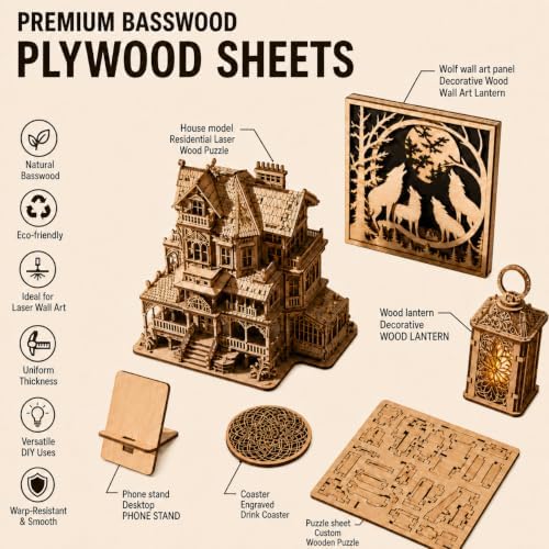 12 Pcs 13/64 Basswood Plywood 18x36 in for P3 CO2 Laser Processing