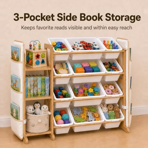 Toy Storage Organizer for Kids, 12 Bins, Bookshelf & Hanging Book Pocket