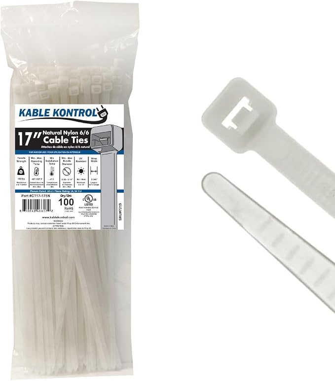 Kable Kontrol Cable Zip Ties, 17 Inch 100 Pcs HD 175lbs Test, Natural White | Nylon Plastic, Self Locking, UL Listed, Indoor Use