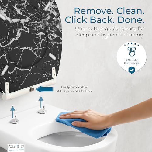 Sanilo Wooden Toilet Seat with Quick Release & Soft Close [ROUND] - Decorative & Slow Close Molded Wood Seat - With One Click for Easy Installation & Cleaning - With Adjustable Fit (Marble Black)