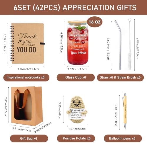 42 Pcs/6 Sets Employee Appreciation Gifts Bulk - Includes 16oz Glass Cups with Bamboo Lid, Positive Crochet, Inspirational Notebooks with Pens, Kraft Paper Gift Bags & Straw - Thank You Gifts for Coworkers, Teachers, Staff & Team