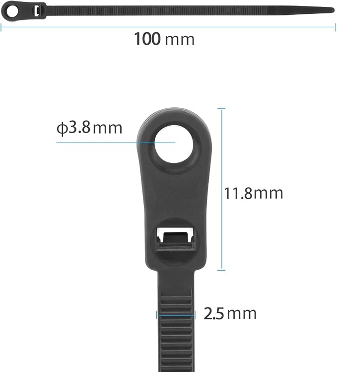 XINGO 100 PCS 4 inch Black Zip Ties with Screw Hole, 18 lbs Mountable head Cable Tie, Multipurpose Heavy Duty Nylon Zip Tie for Indoor And Outdoor Use