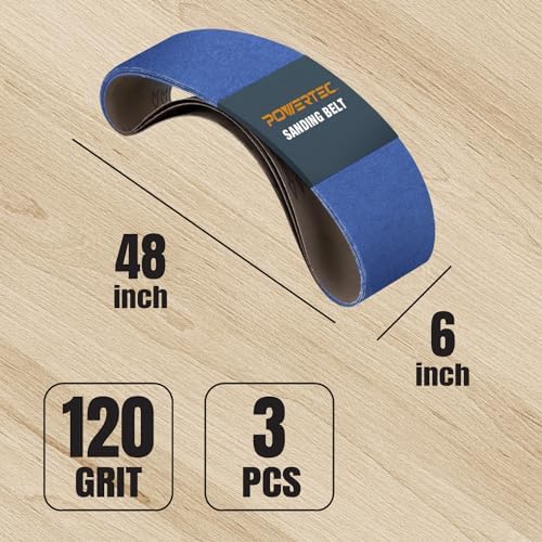POWERTEC 6 x 48 Inch Zirconia Sanding Belts, 3PK, 120 Grit Belt Sander Sanding Belt for Bench Sander, Belt and Disc Sander, Woodworking & Paint Removal, Metal Polishing (464812Z-3)