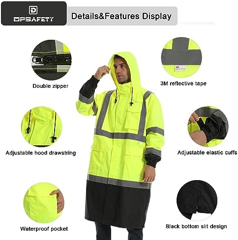 Reflective Rain jackets for men waterproof,Hi Vis Rain Coat With 3M Reflective Strips，High Visibility Class 3 Rain Gear With 2 large pockets，Zipper,Black Bottom Lime，6XL