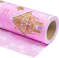 WRAPAHOLIC 30 Inch Reversible Gingerbread Christmas Wrapping Paper - 30 Inch x 33 Feet - Pink Gingerbread House and Snowflake with Embossed for Christmas, Holiday, Party Celebration