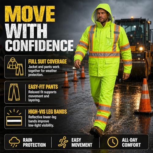 FATONE Rain Suits for Men Waterproof Reflective High Visibility Rain Gear Mens Heavy Duty, Hi Vis Rain Jacket & Pants with Inner Mesh Class 3 ANSI/ISEA Compliant, Lime 4XL/5XL