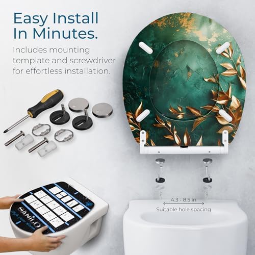 Sanilo Wooden Toilet Seat with Quick Release & Soft Close [ROUND] - Decorative & Slow Close Molded Wood Seat - With One Click for Easy Installation & Cleaning - With Adjustable Fit (Greego)
