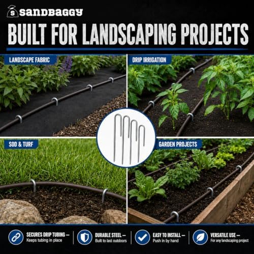 Sandbaggy 100-Pack DRIP TUBING Stakes Landscape Staples | 5 inch Length - 11 Gauge Heavy Duty | Drip Anchors | Landscape Pins | Garden Lawn Nails | Designed to Hold Drip Tubing Up to 1/2" Diameter