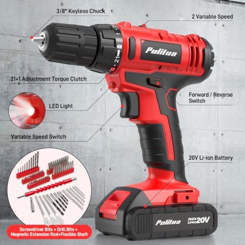 PULITUO Power Drill Tool Kit with 20V Cordless Drill/Driver, Electric Screwdriver, 2 Batteries & Charger, LED Light, 199-Piece Pink Home DIY Tool Set with Toolbox, Drill Set for Women & Men (Red)