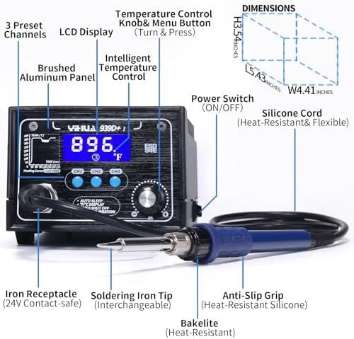 YIHUA 939D+ I Soldering Station, Upgraded, 75 Watt Equivalent with 3 Memories, °C/°F LCD display, Sleep Function, Automatic Shutdown & Brushed Aluminum Panel(Iron-burn Resistant)