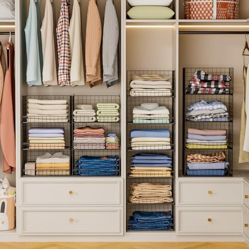 Yociyoga 6-Tier Stackable Closet Organizers and Storage Shelves, Closet Shelf Organizer Basket Bins, Foldable Sweater Storage for Clothes Organizer System, Black（Patent No. 30022416）