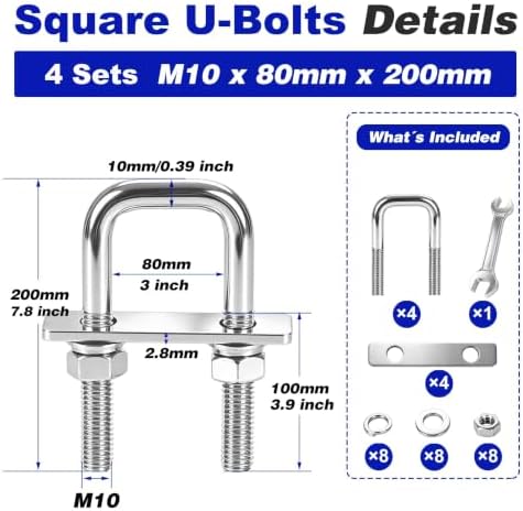 4 Pcs Heavy Duty M10 Square U Bolts Kit, 3 Inch Wide 304 Stainless Steel U-Bolt with Frame Plates and Washers, Marine Grade U Bolt M10 x 80mm W x 200mm L Trailer Axle Clamp