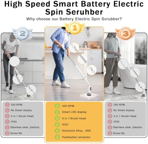 Electric Spin Scrubber, Cordless Power Scrubber with Adjustable Long Handle, 3 Speeds with IPX7 Shower Scrubber, 8 Brush Heads, Electric Cleaning Brush for Bathroom/Kitchen/Bathtub/Crack/Floor/Car