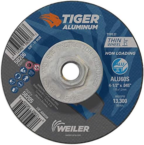 Weiler 58206 4-1/2 Inch Cutting Wheel, Tiger Aluminum Non-Loading Contaminant-Free High Performance Cutting, .045" ALU60S Type 27 5/8"-11 Hub, Pack of 10