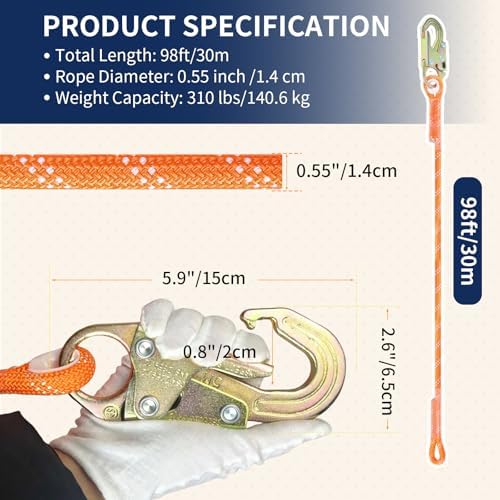 Rope Harness Safety Lanyard 100FT, Roofing Fall Protection Rope