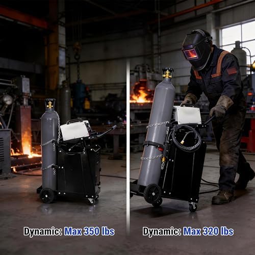 Welding Cart, 2-Tier Heavy Duty Welder Cart with 2 Drawers & Lockable Cabinet, 350LBS Load Capacity, Dual Cylinder Slots & Safety Chains, 360° Swivel Wheels for MIG Welder & Plasma Cutter