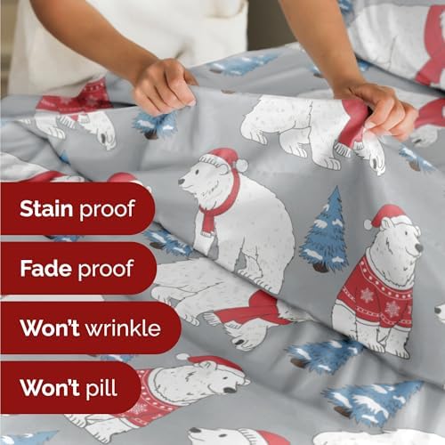 Christmas Sheet Set, Santa Bears, Holiday Xmas Bedding Set - Full Size