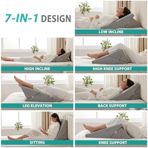 Bedluxe Wedge Pillow for Sleeping, Adjustable 9&12 Inch Foldable Bed Wedge Pillow Set, Orthopedic Memory Foam Triangle Pillows Wedge, 7-in-1 Elevated Pillows for Leg and Back Support, Grey