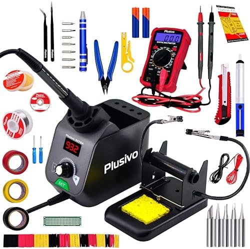 Soldering Iron Station Kit Digital Display Helping Hands 60 W 5 pcs Solder Tips, Solder Wire, Digital Multimeter °C/ºF Conversion, Standby/Sleep Mode, Calibration Support for Electricians from Plusivo