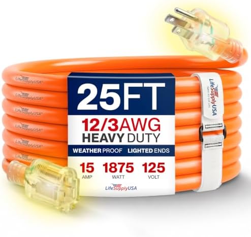 25ft Outdoor/Indoor Extension Cord 12/3 Gauge Extra Heavy Duty 3 Prong SJTW, Waterproof, Flexible Cold-Resistant Long Power Cord,15A 125V 1875W, Orange by LifeSupplyUSA
