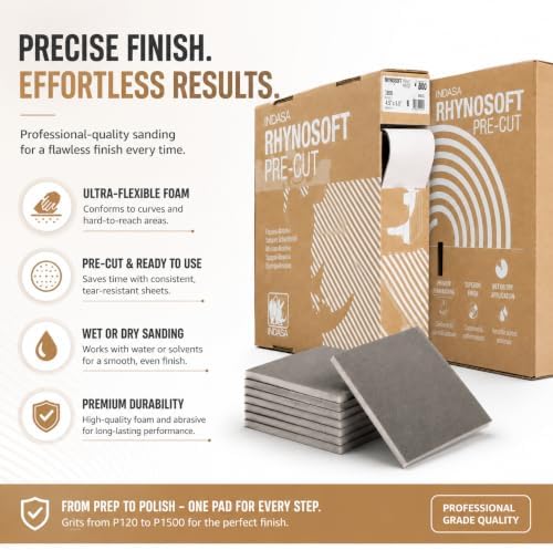 Indasa Rhynosoft Pre-Cut Foam Hand Sanding Pads – Flexible Sponge Sandpaper Sheets for Hand & Machine Sanding – Grits P120 to P1500 – 4.5" x 5.5" Pads – 80 Series – 4.5" x 27.5 yd Roll (800 Grit)