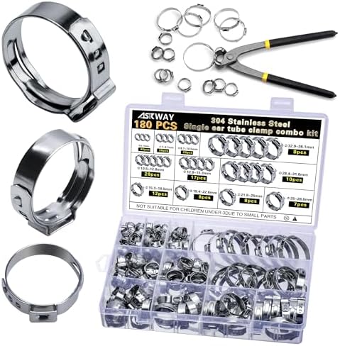 ASKWAY Single Ear Hose Clamp 6-36Mm 180 Pcs 11 Sizes, 304 Stainless Steel Stepless Hose Clamp, Suitable For Pex Pipe Connection, Automotive, Pipeline, Garden And Industrial Use