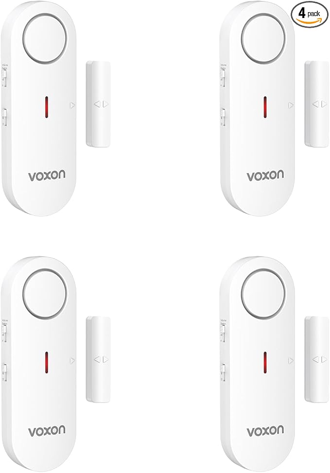 VOXON Door Alarms for Kids Safety - Window Alarms for Personal Home Security - 2 in 1 Chime/Alarm | 3-Level Volume Control - Burglar Door Sensor Alarm for Pool House Rooms Garage RVs - 4 Pack
