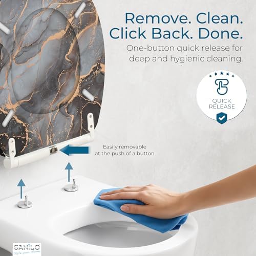 Sanilo Wooden Toilet Seat with Quick Release & Soft Close [ROUND] - Decorative & Slow Close Molded Wood Seat - With One Click for Easy Installation & Cleaning - With Adjustable Fit (Marble Abstract)