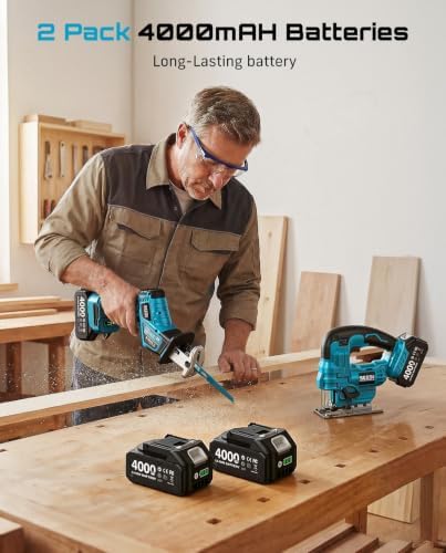 SEESII 2-Tool Cordless Combo Kit, Reciprocating Saw & Jig Saw with 2x4.0Ah Batteries, Brushless Motor, 0-45° Bevel Cut Jigsaw, Adjustable Speed, LED Light, Lightweight for Wood/Metal/PVC Cutting, DIY
