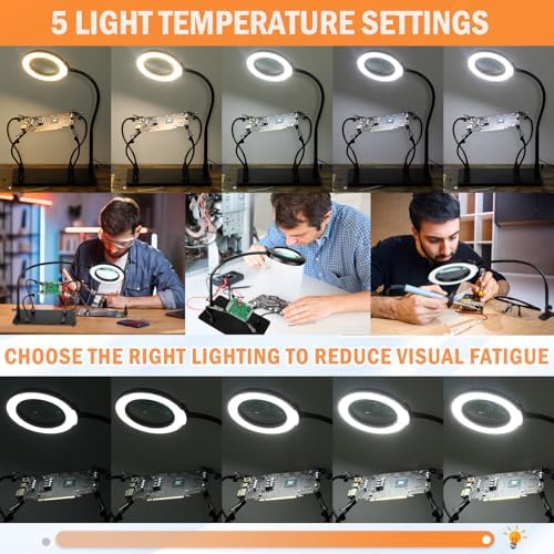 Soldering Helping Hands 12X Magnifying Glass with light and Stand PCB Holder, Drdefi Soldering Station Third Hand Tools Magnifier with Thickening Alligator Clip Large Magnetic Base for Repairing