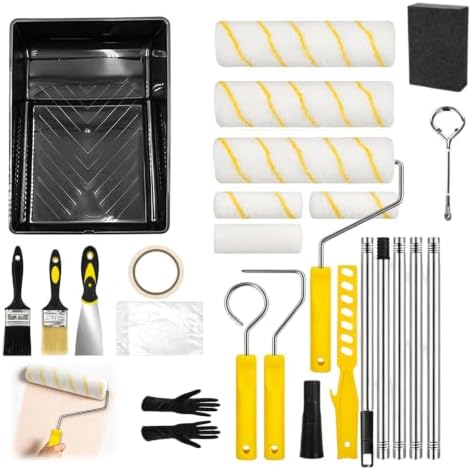 Upgrade Paint Roller Kit, House Painting Tools Set with Paint Tray, Brushes, Scrapers & Extension Pole for Wall Ceiling (Set-A)