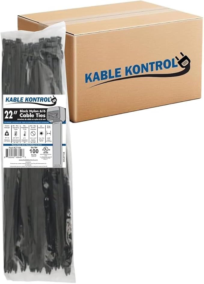 Kable Kontrol Cable Zip Ties, 22 Inch, 1000 Pcs, HD 250lbs Test, Black | Nylon Plastic, UV-Resistant, Self Locking, UL Listed, Indoor & Outdoor Use