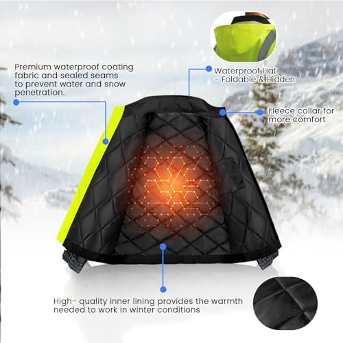 Reflective Jackets, High Vis Safety Work Jacket with Pockets for Men& Women, Construction Coats for Cold Weather, Waterproof Rain Gear, Class 3, Yellow-Black, L