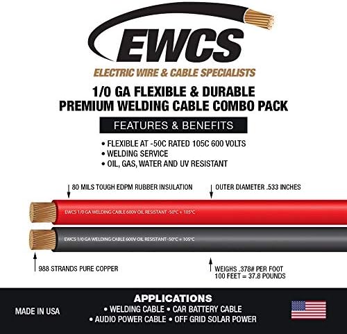 EWCS 1/0 Gauge Premium Extra Flexible Welding Cable 600 Volt Combo Pack - Black+Red 15 Feet of Each - Made in The USA