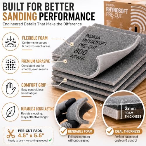 Indasa Rhynosoft Pre-Cut Foam Hand Sanding Pads – Flexible Sponge Sandpaper Sheets for Hand & Machine Sanding – Grits P120 to P1500 – 4.5" x 5.5" Pads – 80 Series – 4.5" x 27.5 yd Roll (800 Grit)