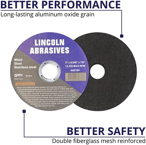 100 Pack 5" Cut-Off Wheels Lincoln Abrasives .040" Metal & Stainless Steel