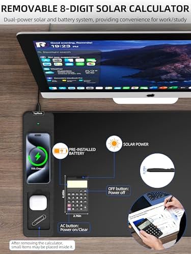 Mouse Pad with 15W Wireless Charging, Removable 8-Digit Solar Calculator